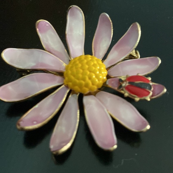 Purple Daisy with Ladybug Brooch matching Clip on earrings - Picture 3 of 4